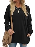 OFEEFAN Womens Long Sleeve Shirts V Neck Loose Pockets Tunic Sweatshirts Black M