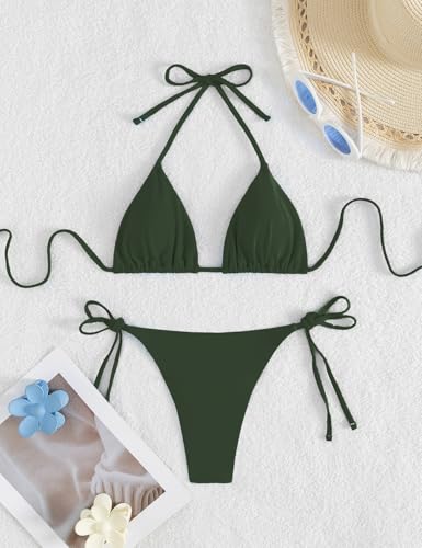 Image of Tainehs Women's Sexy Halter Thong Bikini Tie Two Sides Bottom Triangle Bikini Swimsuits