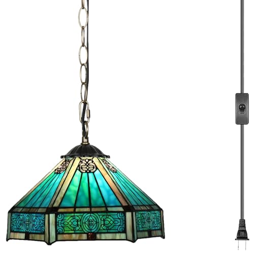 TFNALNB Tiffany Style Mission Stained Glass Pendant Light, 12 Inch Vintage Hanging Lamp, with...