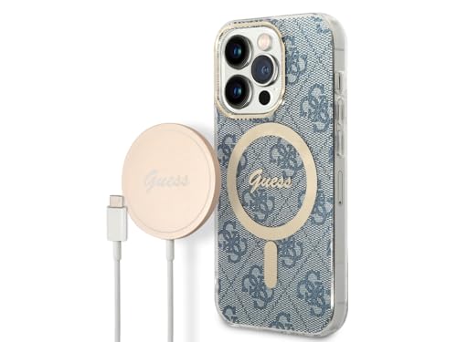 Guess Bunddeln GUBPP14LH4EACSB Coque et Chargeur iPhone 14 Pro 6,1" Coque Rigide Bleue Impression 4G