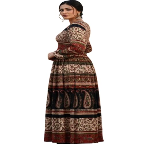Image of Women's Cotton Dress Jaipuri Sanganeri Print Midi Long Dress Printed Fit and Flare Maxi Dress A-Line Gown Dress Maxi Skirt, Mandala (Free Size)