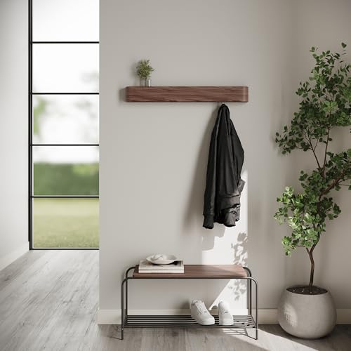 KAZAI. Wieszak na kurtki ścienny 'Toke' | Nowoczesny design z ukrytymi haczykami ściennymi | Panel z litego drewna fornirowanego | Orzech włoski