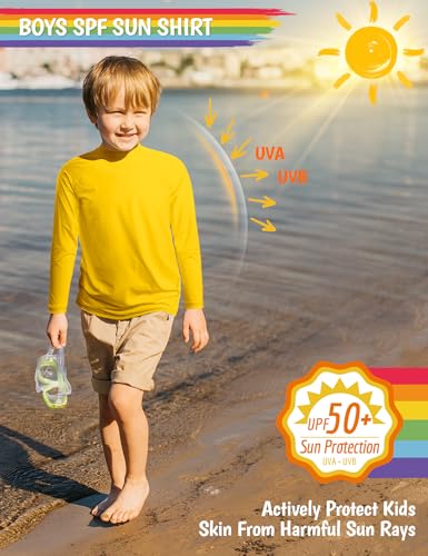 Boys Swim Shirts Long Sleeve Rash Guard Sun Protection UPF50+ T Shirts Rashguard Swimwear Fishing Water ShirtsQuick Dry Cool Beach Shirtfor Youth Kids Ginger Yellow Size 10-122