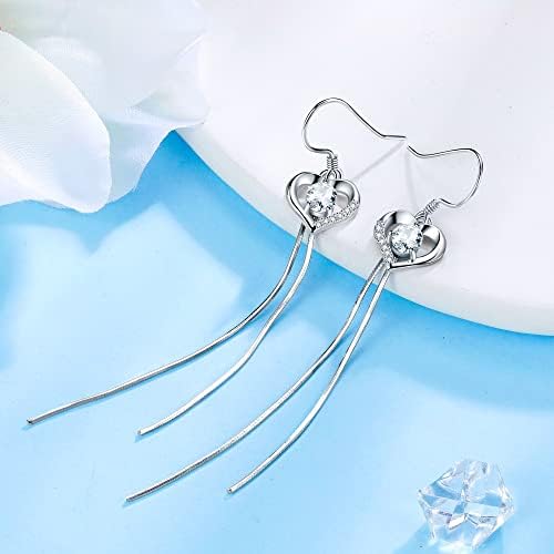 Lydreewam Love Heart Long Drop Earrings for Women 925 Sterling Silver Dangle Earrings with Zirconia Birthday Mother's Day Valentines Day Jewelry Gift for Mum Wife Girlfriend
