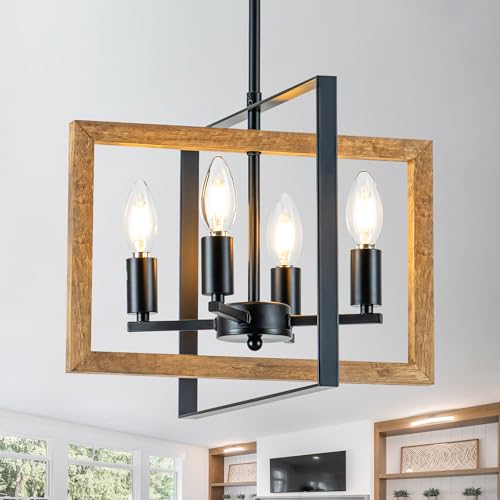 Farmhouse Chandeliers for Dining Room, Rustic Light Fixture Chandelier, 4-Light Adjustable Wood...