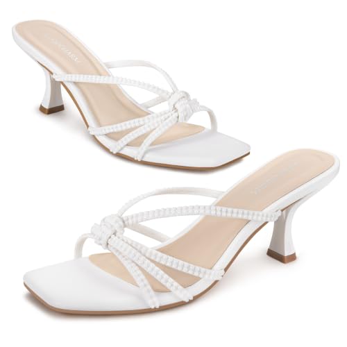 Image of Women's Strappy Kitten Heel Knotted Square Open Toe Mule Sandals | Slip-On 2.75 Inch Dress Shoes for Wedding, Party, Vacation, Summer and Casual Wear