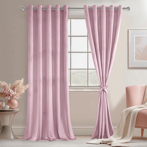 JIUZHEN Pink Velvet Curtains 84 inches for Living Room - Privacy Protect Room Darkening Grommet Thick Velvet Window Drapes for Bedroom, Set of 2 with Tiebacks, 60W x 84L