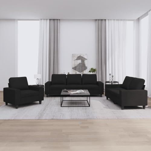 Yunovire Juego de sofá de 3 piezas, tejido negro, juego de salón resistente con sillón, sofá de 2 plazas y 3 plazas, cómodo acolchado para adultos, sofá de salón duradero para el hogar