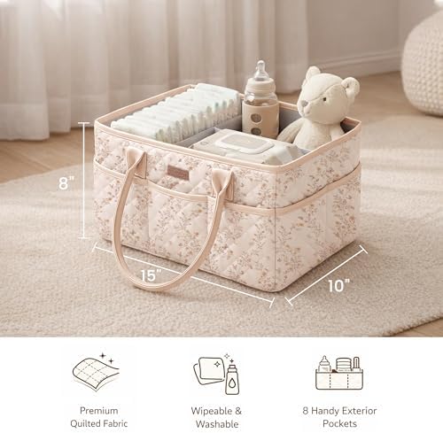 Konssy Baby Diaper Caddy Organizer, Floral Design with PU Leather Handles — view 5