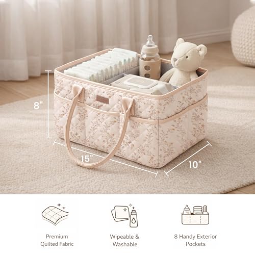 Konssy Floral Quilted Diaper Caddy Organizer, Diaper Caddy Basket with Vegan Leather Handles, Portable Nursery Storage Basket, Water-Repellent Car Organizer, Registry Search Must Haves (Floral)
