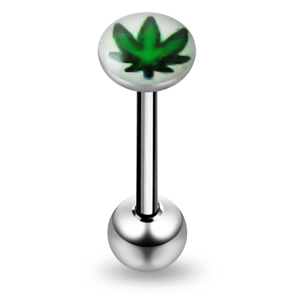 AZARIO LONDONPiercing para lengua de acero quirúrgico 316L, diseño de hoja de marihuana sobre fondo blanco