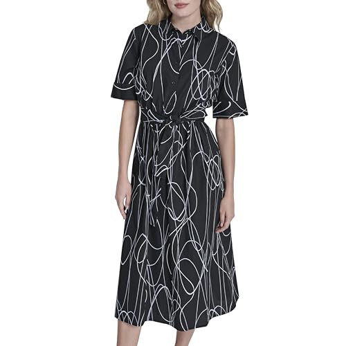 Image of DKNY Women's Short Sleeve Cotton Poplin Collared Midi Shirtdress