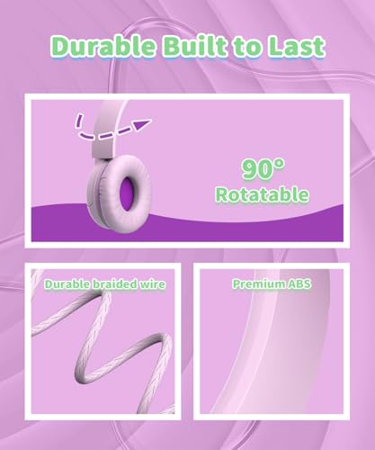 Image of Wired Kids Headphones with Mic, Foldable, Volume Control Safe Listening(85 /94dB), 3.5mm Jack on-Ear Headset for Chilren /Teens /School /Travel /Plane /Ipad /Tablet /Laptop, PinkPurple