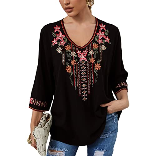 AK Women's Boho Embroidered Tops 3/4 Sleeve Mexican Peasant