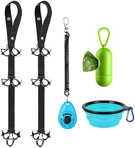 TIOVERY Dog Doorbells for Door Potty Training, Adjustable Door Bell for Housetraining Door Knob Go Outside, Include Dog Training Clickers, Collapsible Dog Bowl and Poop Bag Holder for Puppy Dogs