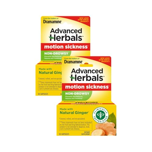 Dramamine Motion Sickness Relief, Non-Drowsy, Naturals with Ginger, 18 Ct. (Pack of 2)