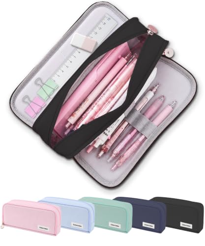 FAHZON Cute Pencil Case, 3 Large Compartments Pencil Pouch, Elastic Pen Slots&Mesh Pockets for Stationery, Pencil Bag for School Supplies with Zipper for Girls Boy Women Teens Adults-Black