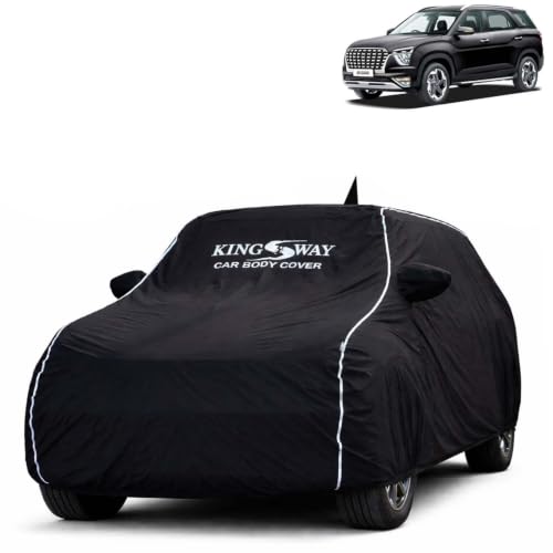 Image of KINGSWAY Super Waterproof Car Cover Only with Hyundai Alcazar (Year 2021 to 2024 - All Model) | Mirror and Antenna Pockets | All Weather Car Body Cover with Silver Piping | Black