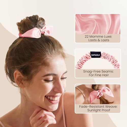 Image of THXSILK 100% Mulberry Silk Bow Scrunchies 3-Pack, 22 Momme Mulberry Silk Hair Ties for Women, Cute Bunny Ear No Damage Ponytail Holders, Fashion Hair Accessories for Girls(S, Charming Pink)