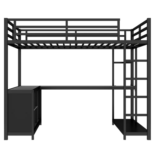 Image of Bellemave Full Size loft Bed with L Desk, Wardrobe, Metal Full Loft Bed Frame for Adults, Kids, Teens, Black