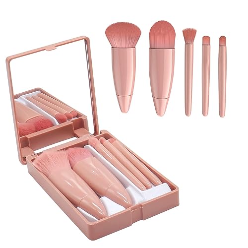 Aarti Cosmetics Makeup Brushes Set with Mirror, Travel Portable Professional Make Up Brushes,Small Makeup Brush Case Apply to Face Eyebrow Eyeshadow Blush and Lip Gloss Etc,（Pink Red Bean Paste）