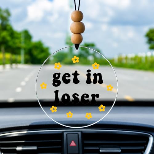 Talataca Get in Loser 2D Flat Car Ornament & Wood Beads, Daisy Funny Quote Beaded Rear View Mirror Accessories, Rearview Hanging Charm, Christmas Tree Decor