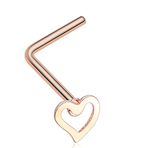 Rose Gold Colored Dainty Heart Icon L-Shaped Nose Ring - Sold as a Pair