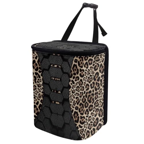 Image of Talayituse Leather Texture Leopard Pattern Car Trash Can with Lid, Leak Proof Auto Trash Bag Hanging Vehicle Garbage Can Multipurpose Storage Container for Back Seat Road Trip