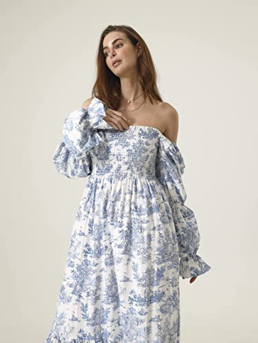 NOTHING FITS BUT Women Linen Cotton Dress, Floral Pattern Yuki Gown, Women Casual Dress, Off Shoulder Frock3