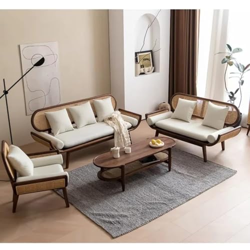 Image of Modern Rattan Cane Sofa with Curved Arms Wooden Frame, Beige Cushions and Throw Pillows Sofa for Living Room, Bedroom, Hallways (3+2+1 Seater)