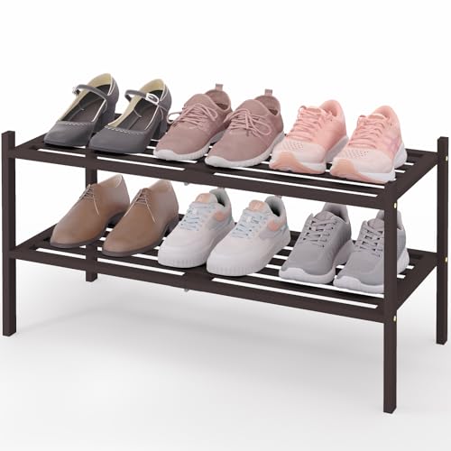 Image of Smiry Bamboo Shoe Rack, 5 Horizontal Slats, 2 Tier - 26.8 inch Wide, Brown