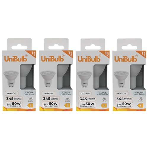 Unibulb GU10 Light Bulb, Downlight/Spotlight/Ceiling, 3.6W, 345 Lumens, 4000K Cool White, Replaces 50W, Non-Dimmable, 25yr Lifespan (4)
