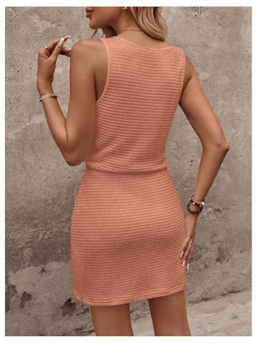 Image of RoseSeek Women's Waffle Knit Belted Tank A Line High Waisted Dresses Square Neck Sleeveless Summer Short Dress