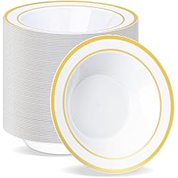 BESTVIP 100 Pack Plastic Bowls with Gold Rim | 12 oz Disposable Soup Bowls, Heavy-duty Dessert Salad Bowl for Party, Wedding, Christmas, Dinner, Catering