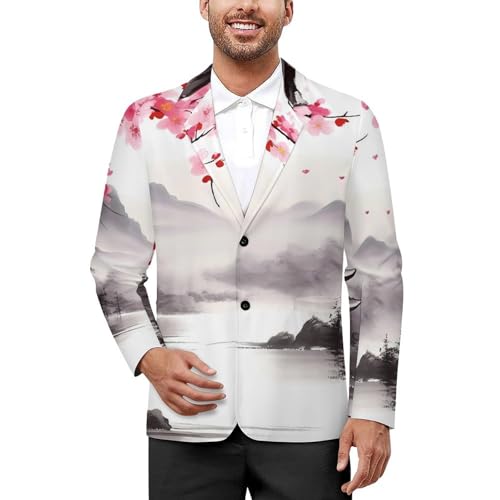 Mount Cherry Flowers Water Men's Casual Blazers Slim Fit Sport Coats Blazer Two Buttons Suit Jacket for Work Party