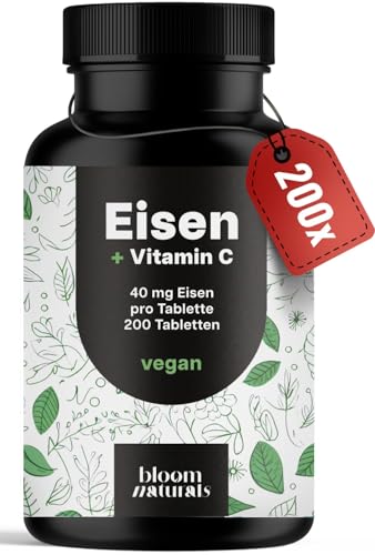 Eisentabletten mit Vitamin C – 200 Tabletten – 40 mg Eisen Hochdosiert & 40 mg Vitamin C pro Tablette – vegan, glutenfrei – Produziert in Deutschland – Verpackung kann variieren – Laborgeprüft