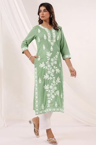 Image of Janasya Women's Pure Cotton Embroidered Straight Kurta