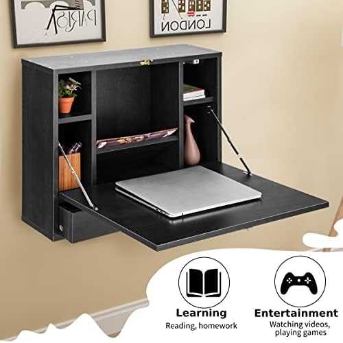 TANGZON 60x15x50 Wall Mounted Table, Folding Drop Leaf Computer Desk with Storage Compartments and Drawer, Multifunctional Desk Workstation for Home and Office (Black)