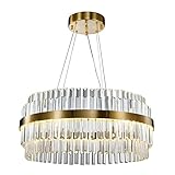 WABON Modern Crystal Chandelier, 2-Tier Crystal Pendant Lighting Fixture in Gold, Round Adjustable H