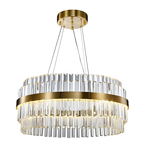 Modern Crystal Chandelier, 2-Tier Crystal Pendant Lighting Fixture in Gold, Round Adjustable Hanging Lighting Fixture for Living Room Dining Room Kitchen Island Bedroom D23.62â€ Gold
