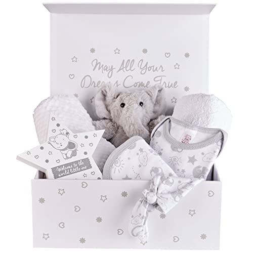 Baby Box Shop Unisex Baby Geschenkset Einzigartige Magnetbox mit Wickeldecke, Kapuzenhandtuch, weichem Elefantenspielzeug, Lätzchen und Mütze. Ein tolles Duschgeschenk für neue Babys, Standard Cover