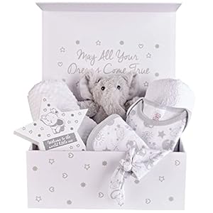 Unisex Baby Gift Set – Unique Magnetic Box That Includes a Wrap Blanket, Hooded Towel, Soft Elephant Toy, Bib and Hat. A Great Shower Gift for New Baby Boys and Girls