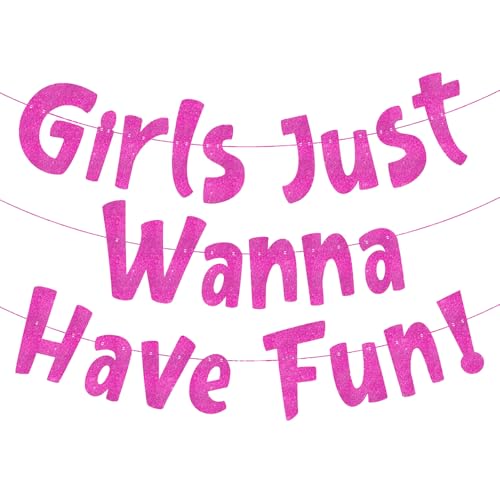 Slumber Party Supplies for Girls, Sleepover Party Supplies for Girl, Girls Just Wanna Have Fun Banner, HSC Glitter DIY Banner with Ribbon for Pajama Parties Bachelorette Birthday Decorations