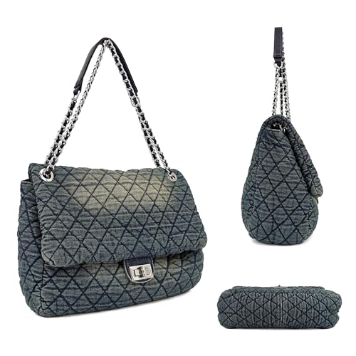 Quilted Denim Purse, Shoulder Bag for Women, Crossbody Flap Tote Bag,Silver Chain Hobo Bag, Vintage Washed Jean Purse4