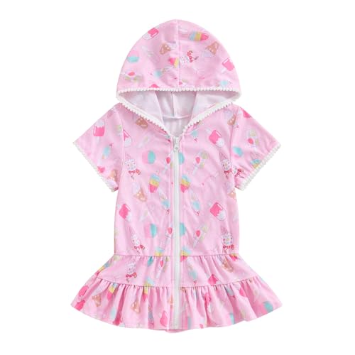 Kids Baby Girl Zip Up Hooded Swim Terry Cover Up Short Sleeve Swimuit Beach Coverups Dress Warp Bathrobe