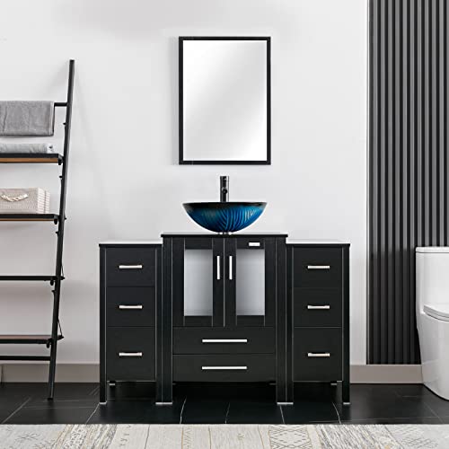 Eclife 48" Bathroom Vanity Combo W/Black Side Cabinet Vanity Set Ocean Blue Round Tempered Glass Vessel Sink & 1.5 Gpm Water Save Faucet & Solid Brass Pop Up Drain, W/Mirror (2B11 A11) #TOP29