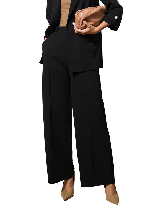 Image of Black Front Dart Textured Palazzo Pants