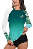 BesserBay Damen Bequem Druck UV Shirt Langarm Rundhals UPF 50+ Sonnenschutz Rash Guard Grün Blätter M