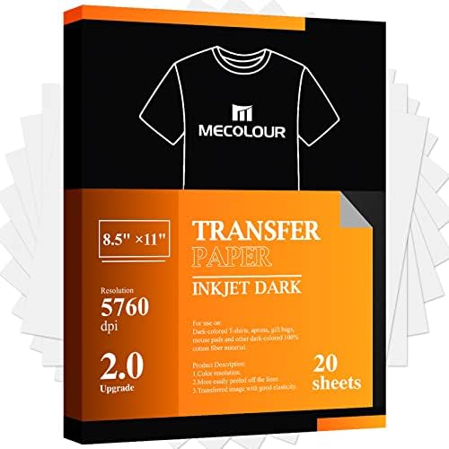 MECOLOUR Iron-On Heat Transfer Paper for Dark Fabric T Shirt 20 sheets 8.5" x11" Printable Heat Transfer Vinyl, for Inkjet Printer