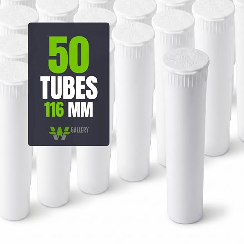W Gallery 50 White 116mm OPEN CAP Pop Top Tubes - Airtight Smell Proof Containers - Plastic Medical Grade Prescription Bottles for Pills Herbs Flowers Supplements, Bulk Pack, Not Glass Jars